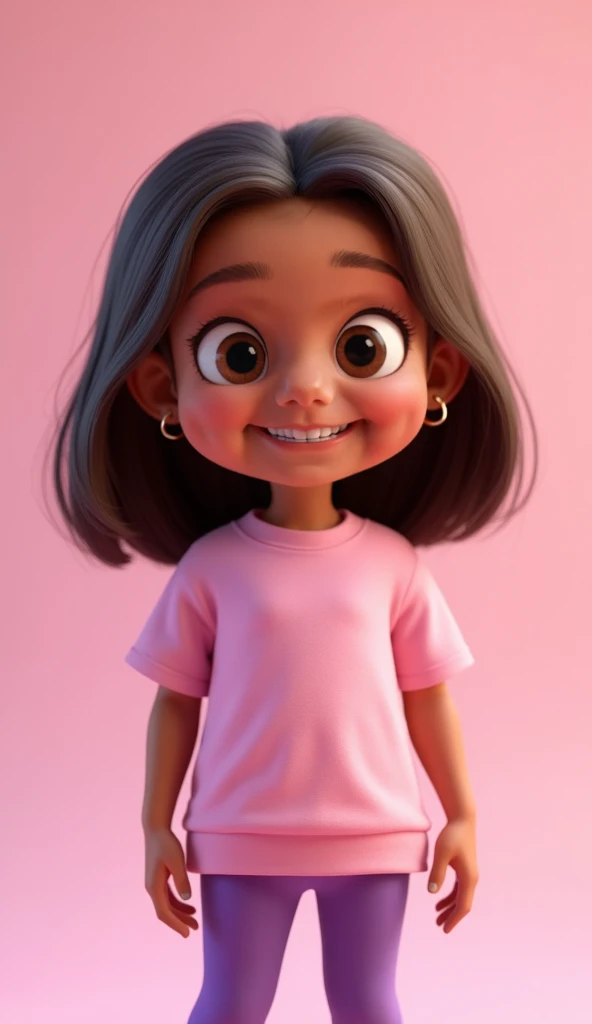 A 3D cartoon-style depiction of a cheerful five-year-old girl named Isis with straight brown hair, styled neatly and loose. She is wearing an outfit inspired by Boo from Monsters, Inc., consisting of a pink oversized T-shirt and purple leggings. Her facial...