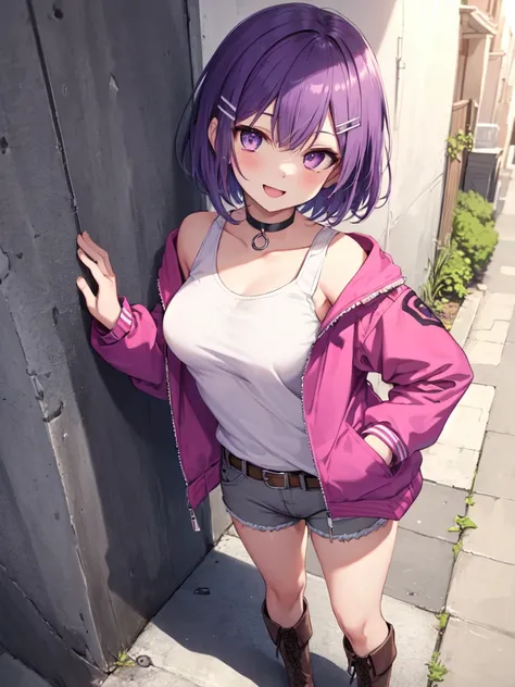  One girl , solo, Purple Hair,  bob hair, Beautiful breasts, medium breasts, white tank top,Grey shorts, black choker,Black belt,Pink jacket, hair clip, brown boots ,Slanted Eyes, Light purple eyes, open your mouth slightly ,smile, happy/joy,  standing, le...