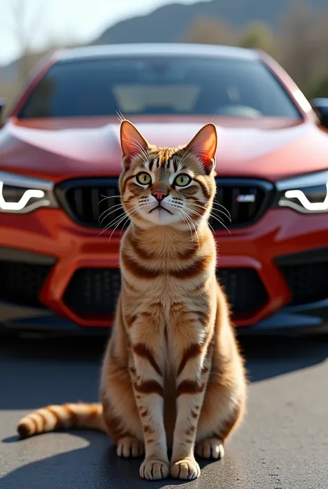 A cat with bmw m5 cs taking selfie from the front of the car 