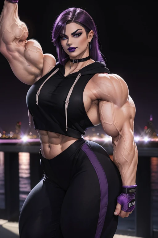 ((Close-up)), tall, (violet purple hair) beautiful muscular woman, long hair with long bangs, white skinned, (smirking), ((black lipstick)), (massive muscles), (hyper muscle), (ginormous bulky muscles), black eyes, (((sleeveless cropped hoodie))), (((exerc...