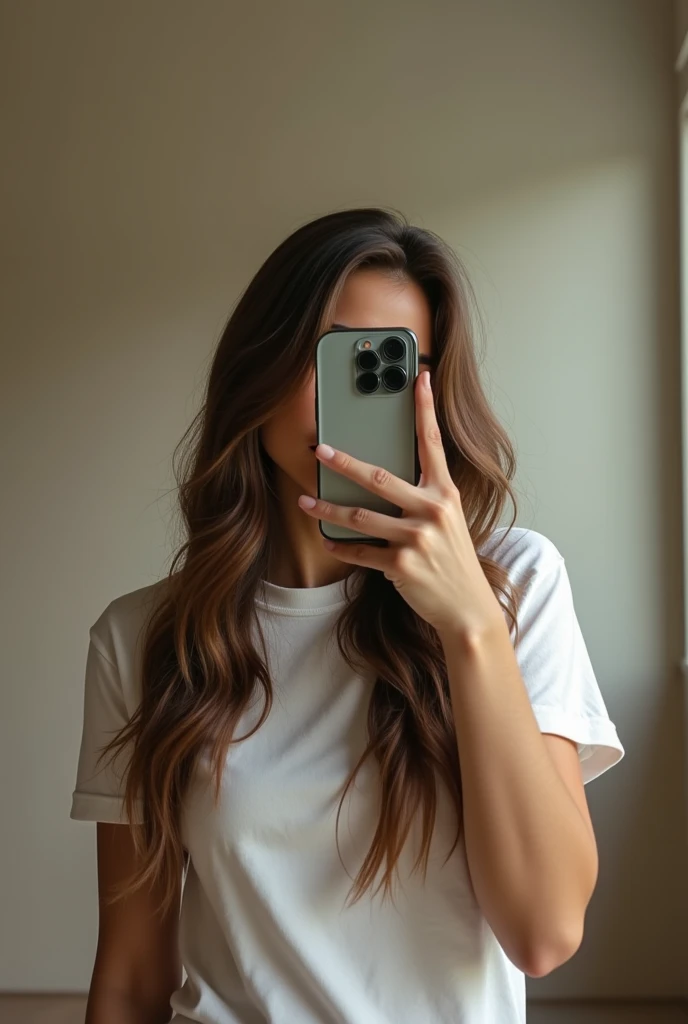 Woman taking a selfie in the mirror、Long Hair，The iPhone 12 Pro hides his entire face、I can&#39;t see your face、Beautiful woman、Full Body Shot、Wearing a t-shirt
