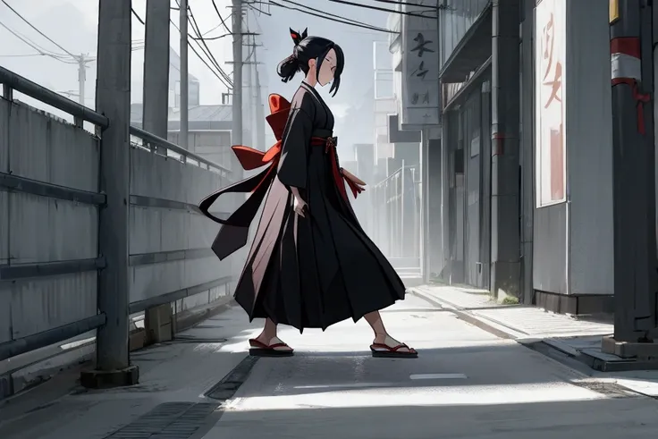 A female character wearing a hakama dress is walking in front of the camera at a right angle along the road, standing far away.