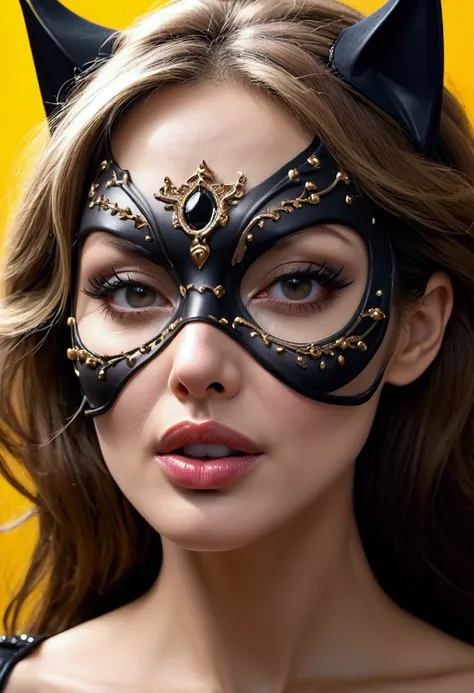 Close up of a beautiful woman wearing a beautiful Catwoman mask  、(( Intense Orgasms, ))、  beautiful model nose close-up 、 Focus on the nose , , focus clearly on your nose  、(( Nose hair grows inside the nasal cavity  ,  show your nostrils from below  ))  ...