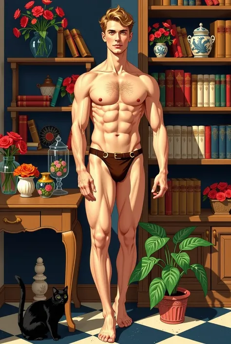  ((Bird’s Eye View)) ((An artistic illustration inspired by jc leyendecher+art_deco style. a young blond slender perfect proportions fitness body gourgeous, standing next to a large shelves with books, flowers and cristal jarrs, his body relaxed but with a...