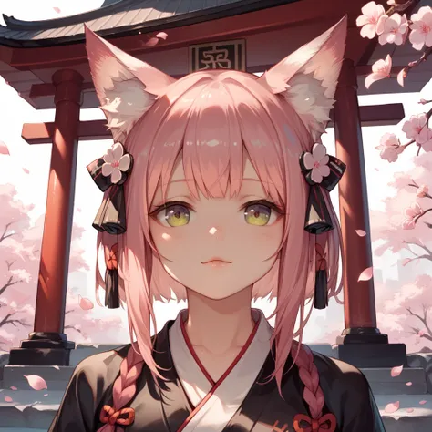 1 girl, solo, bust up front view, natural pose, futuristic arknights style, black shrine maiden clothing, Pink hair, Sakura petals themed, Fox ears, 1 fox tail, tabi socks, soft shading