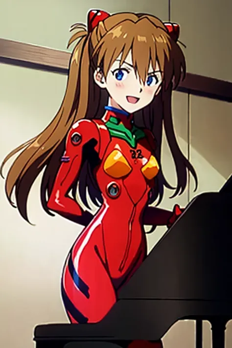 (( top quality )), ((masterpiece)), (be familiar with),  perfect face, indoor, bedroom,  Watching Viewers ,
One woman,  Soryu Asuka Langley,
 open mouth,  ecstatic expression beside the piano, blush, smile,
 small tits,  flat chest, Young girl, Lori,  s,  ...