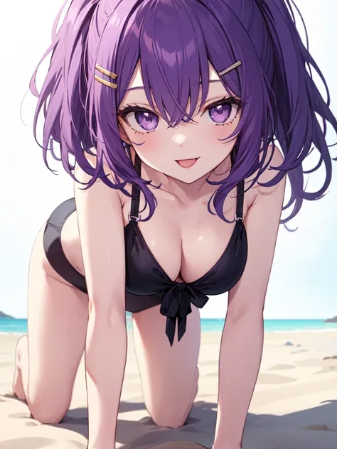  One girl , solo, Purple Hair,  bob hair, Beautiful breasts, medium breasts, black bikini, hair clip,Slanted Eyes, Light purple eyes, open your mouth slightly , seductive smile, stand on all fours , High Definition ,  simple background,  sandy beach, top q...