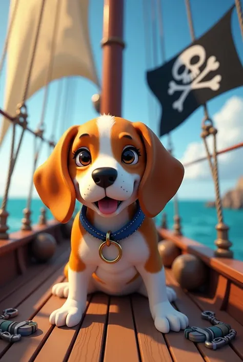 Realistic Beagle dog on sailing boat with pirate flag and show the name of the ship Mpafounis 