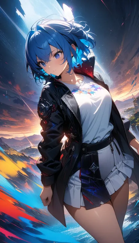 (masterpiece,  top quality ,  Official Art :1.2), ( colorful ),  perfect anatomy, One Girl , front view。 short hair。Blue hair color。Late Night。 grassland。 (Collision of stars:1.3) Ultra Precise Illustration ,  elaborately drawn down to the smallest detail ...