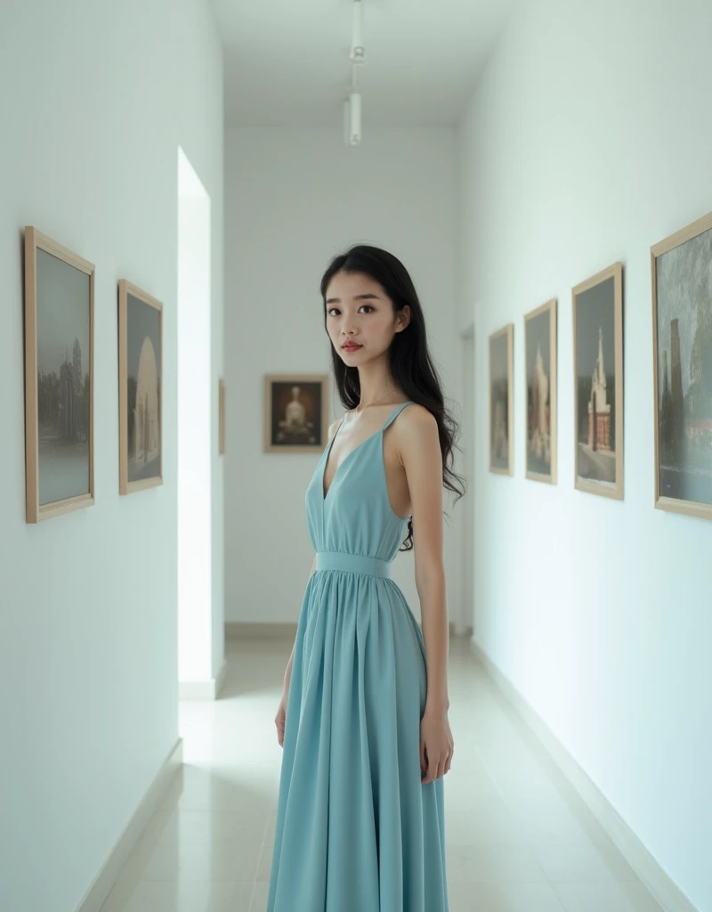  with a black long hair .Full body photo of young woman with thin chin .Egg face .Tall and slim. wearing a water blue dress.. The background is a white wall corridor in the gallery. The wall is filled with photography puzzles .