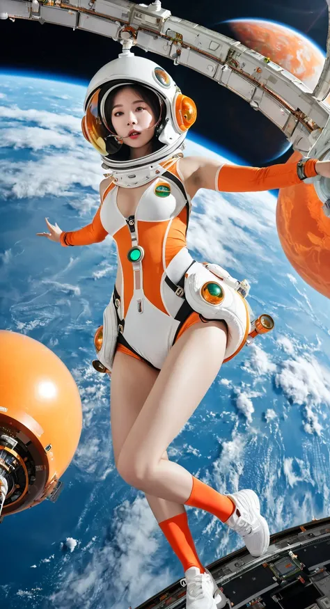 girl、, serious face color、Full Chest, big ,、cute、In the heat、หนุ่มgirl、big Nipple、Spread your legs,  Orgasm, cervix, big ,  cross-sectional view 、 space costume cap、orange, white, sky,  Green , red,black,Gold color, inside space station 、Moon surface、,  de...