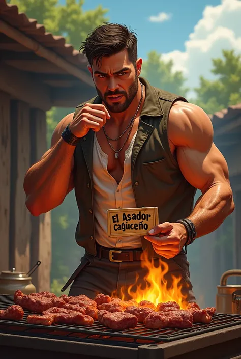  Handsome man biting meat on the grill, holding a small sign , written ,El asador Chaqueño  