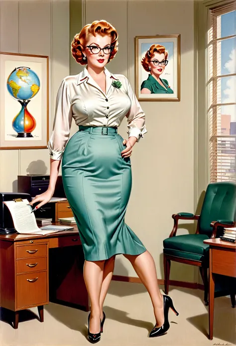 Full-length view, the busty Arlene Dahl, depicted as a plump, buxom, curvy, mature lady with a pronounced hourglass figure, glasses, updo hairstyle, dressed in a blouse and pencil skirt stands on high heels in a Office, coloured drawing, style reminiscent ...