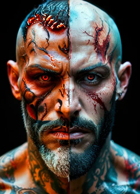 a stocky muscular bald man face split in two halves, left half satanic with bloody burned smoky fiery red details and red eye, right half tan-faced male with tattoos and brown eye, smooth unified transition, deep vanta black background, ethereal dramatic a...