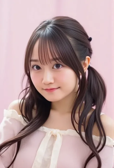 Arafed asian girl with long hair and a pink tie, penteado pigtails, penteado Double tails, Kawaii hairstyle, two pigtails hairstyles, ulzzang, kawaii hair style, Chiho, white hime cut hairstyle, hair arranged with bangs, Shikami, with a black pigtail, ****...