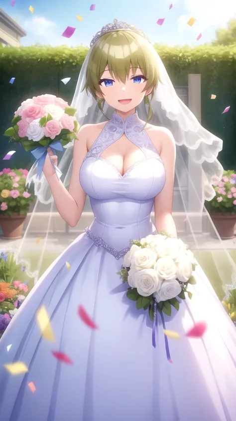 masterpiece, best quality, girl, solo, looking at viewer, mitsuru_abe, large breasts, wedding Dress, standing, garden, confetti, holding bouquet, smile, open mouth,