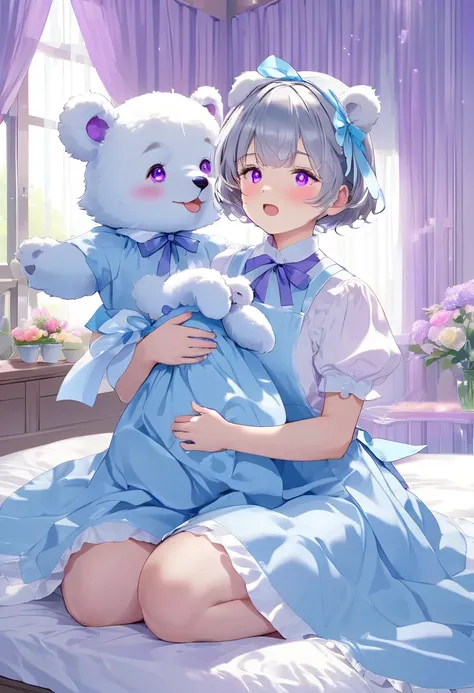 bright room,pillows,seiza on bed,curtains,grey short hair,white bear ears with hair ribbon,purple eyes,white apron,light blue puffy short sleeves,light blue dress,solo,(expressionless:0.8), 1girls, cum gangbang, sex on pussy, covered in CUM, CUMeverywhere,...