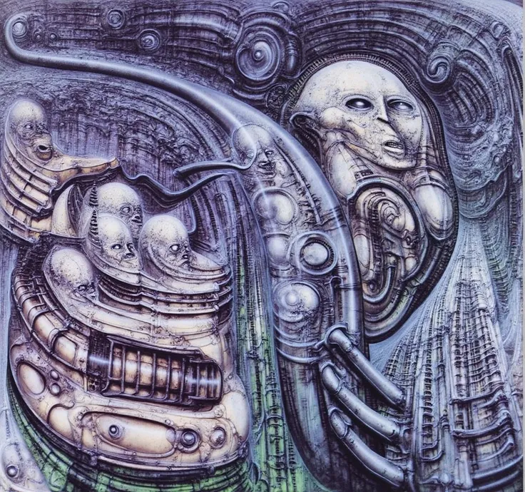 g1g3r, Giger_style, The image is a detailed view of H.R. Gigers " Li II " plate, featuring a complex network of bones and organs in a purple-brown hue ,swirling gray and brown colorsgroup of three alien figures positioned in the foreground.  Emaciated and ...