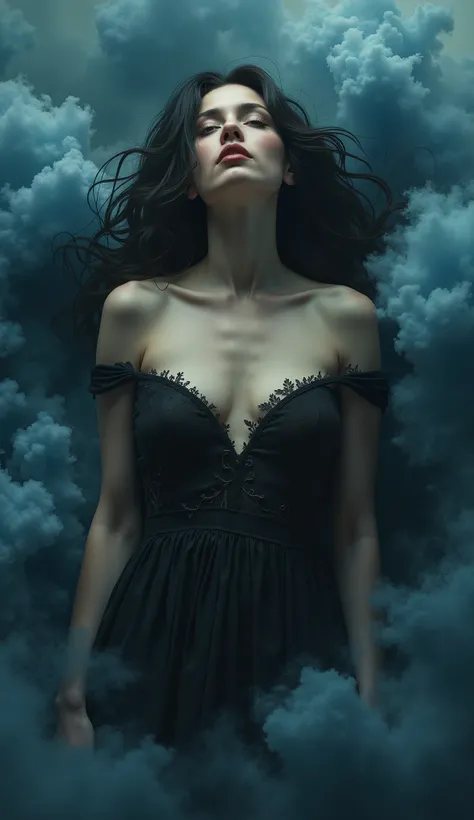 Above shot, A femme fatale lost in thought, Realistic, Hyperrealism, lifelike photography pushed to extreme reality, surrounded by swirling clouds of smoke and mist, illustrated in a style that blends Film Noir and (vivid colors of Impressionism on the fem...