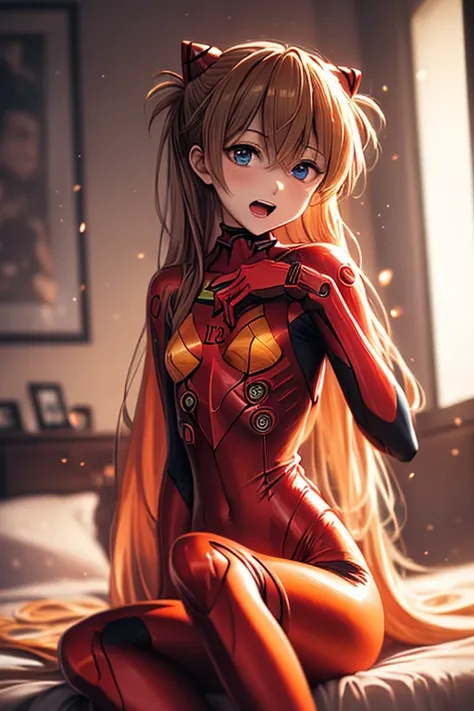 (( top quality )), ((masterpiece)), (be familiar with),  perfect face, indoor, bedroom,  Watching Viewers ,
One woman,  Soryu Asuka Langley,
 open mouth,  ecstatic expression beside the piano, blush, smile,
 small tits,  flat chest, Young girl, Lori,  s,  ...