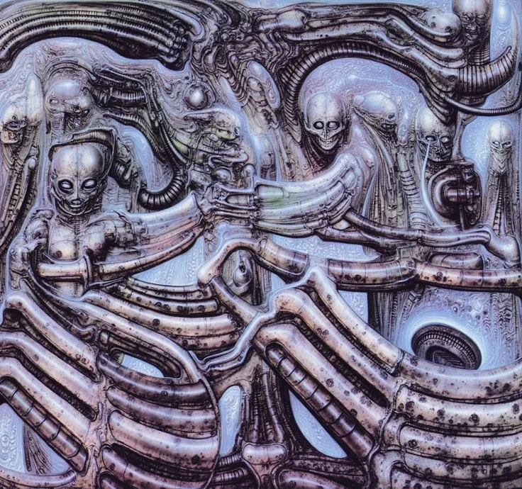 g1g3r, Giger_style, The image is a detailed view of H.R. Gigers " Li II " plate, featuring a complex network of bones and organs in a purple-brown hue ,swirling gray and brown colorsgroup of three alien figures positioned in the foreground.  Emaciated and ...