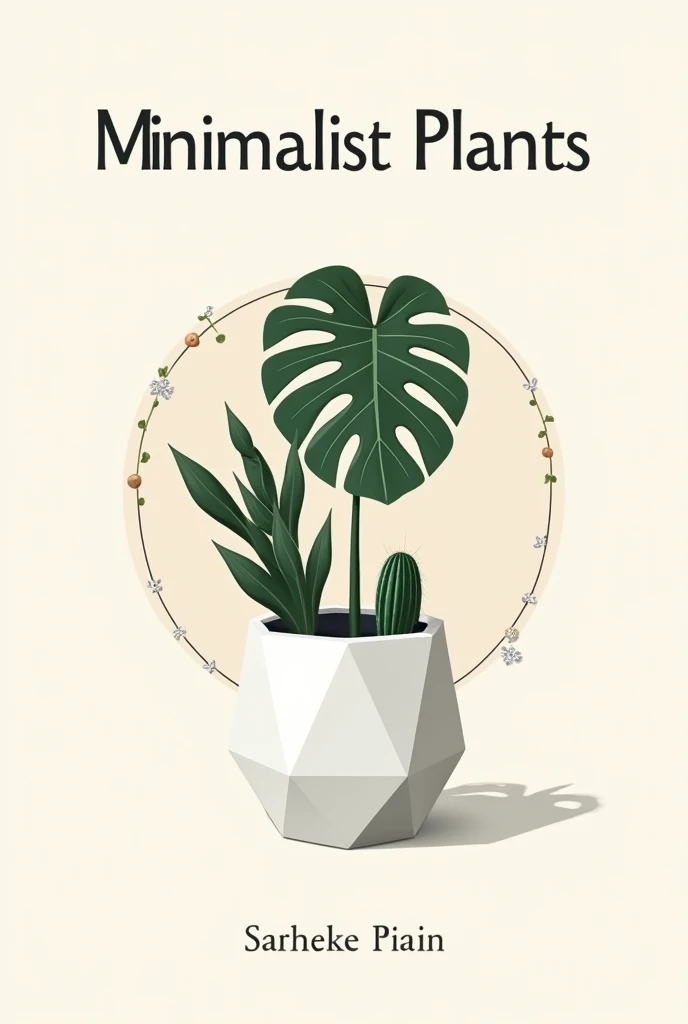  Create a square size poster with the concept of :
 A white and cream background .  there is a monstera plant , sukulen,  and a small cactus in the center of the poster .  The plant pot is white and ceramic with a geometric design . There is a large inscri...