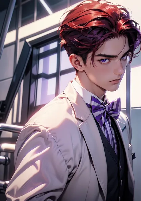 solo, 1 man, 25-years old man, handsome face, red hair, dark purple eyes, sharp eyes, eagle eyes, (purple striped suit, purple bow tie), looking at viewer, solitary confinement in a mental hospital, young man, handsome face