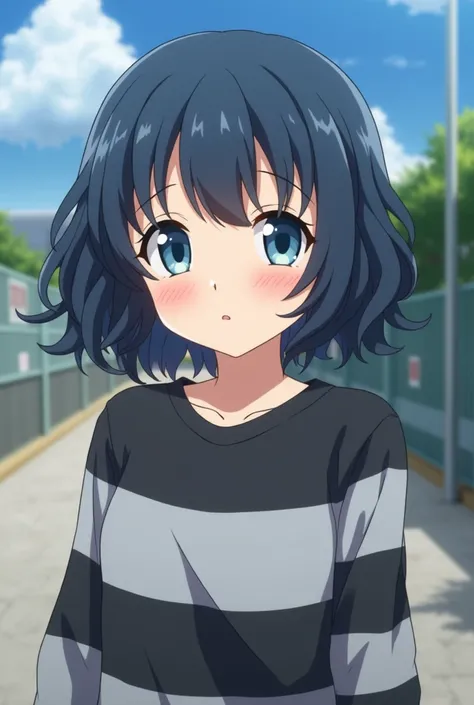 Screenshot of Dandadan . 
 Girl with short dark blue wavy hair , with bangs. 
 She has light blue eyes and a mole under her right eye and has a normal expression with features of Seiko Ayase. 
 She wears a striped sweatshirt in gray and light black ,  in t...