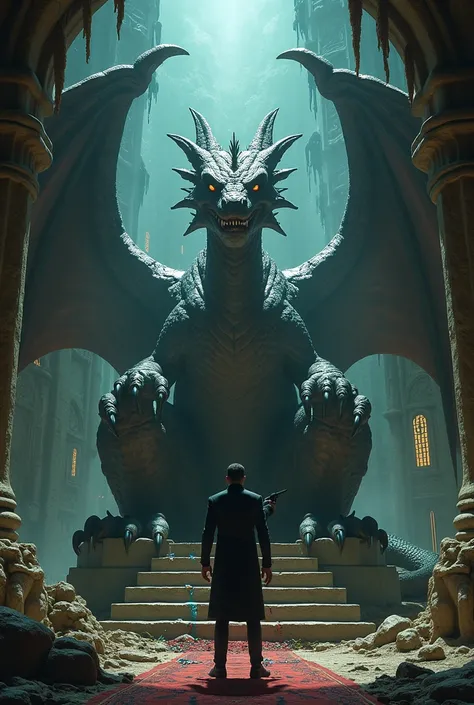 A menacing dragon on a throne in a cave fighting a suited man weilding a revolver 