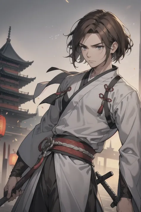 wearing hanfu 1guy, (short hair:1.2), hair spread out, (brown hair:1.2), straght hair, (gray eyes), covering ears, (thinking:1.3), muscular, (gray hanfu:1.2), holding sharp sword on his bakc, An old Chinese castle in the background, close-up, anime, cinema...