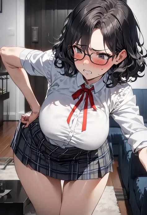 top quality, masterpiece,  High Definition , 8k,  1 girl, Alone,  expressive dark black eyes , mature woman, ((( short wavy hair ))), ((( black hair))),  Big Breasts High School Girl,  white shirt with red ribbon and navy blue plaid miniskirt uniform ,  lo...