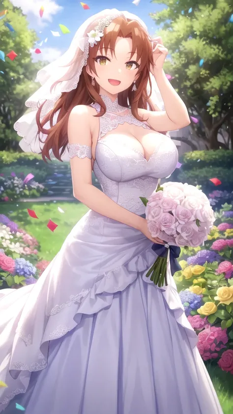 masterpiece, best quality, girl, solo, looking at viewer, tetsuhiko_kai, large breasts, wedding Dress, standing, garden, confetti, holding bouquet, smile, open mouth,