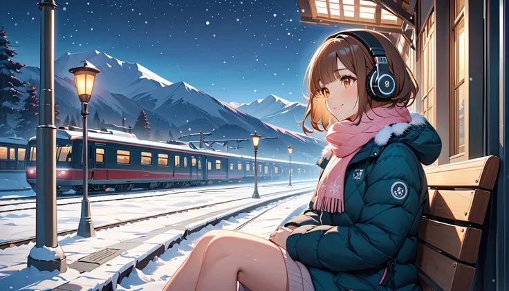 background：Winter train station 、 The platform and mountains in the distance are covered with snow。  
expression： looking at the scenery while smiling softly 。  
Costume： down jacket and scarf 。  
 pose： sitting on a bench at the train station in the winte...