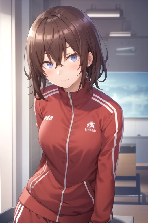 masterpiece, best quality, high quality, girl, solo, looking at viewer,  fumiya_tomozaki, brown hair, hair between eyes, , track suit