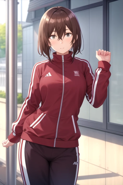 masterpiece, best quality, high quality, girl, solo, looking at viewer,  fumiya_tomozaki, brown hair, hair between eyes, , track suit