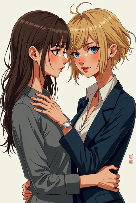 A  cover that says only you with a tomboy with blue eyes and a blonde girl  with brunette eyes and the tomboy wearing a suit with no tie n three buttons opened with silver rings 