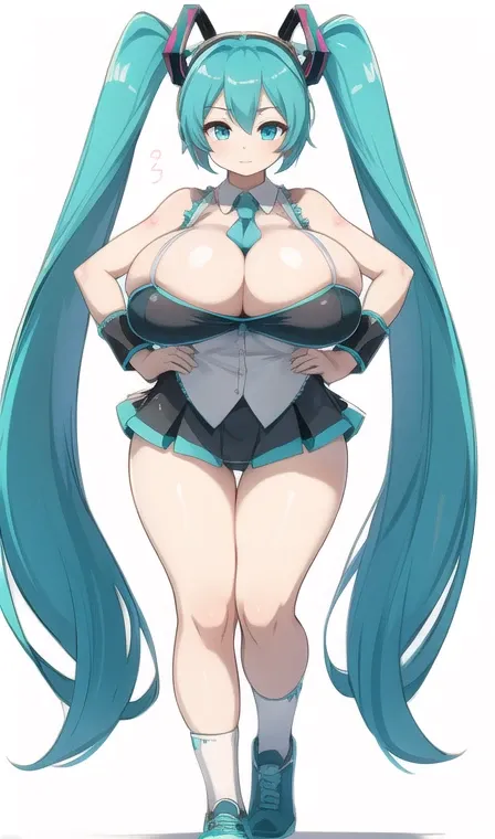 Sketches of Hatsune Miku with detailed gigantic breasts 