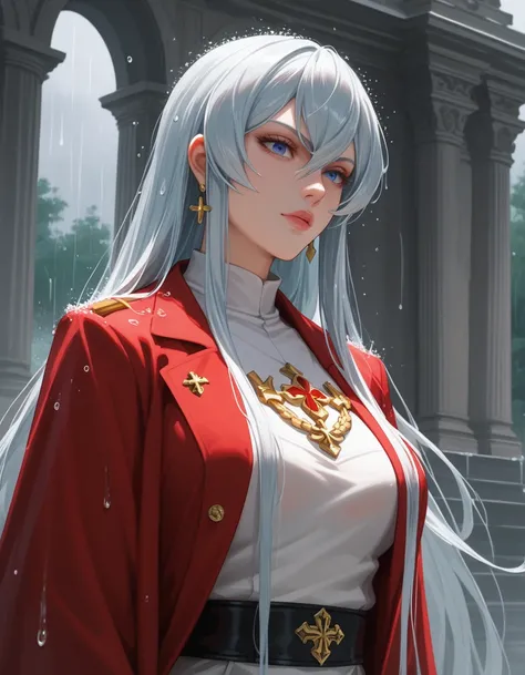 esdeath in ancient Rome, drenched from the rain, stood with her white and red robe clinging to her body. The golden ornaments on her neck and hands glistened under the droplets,