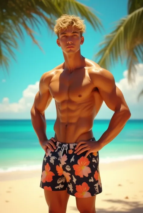 man on the beach with his hands on his hips. tropical swim shorts. short blonde hair. abs. 