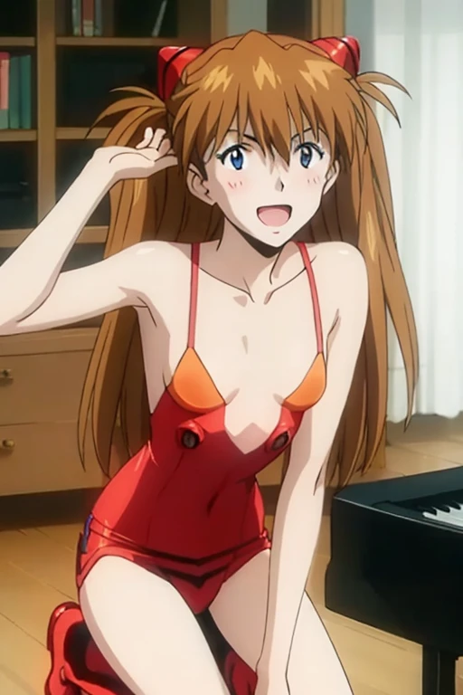 (( top quality )), ((masterpiece)), (be familiar with),  perfect face, indoor, bedroom,  Watching Viewers ,
One woman,  Soryu Asuka Langley,
 open mouth,  ecstatic expression beside the piano, blush, smile,
 small tits,  flat chest, Young girl, Lori,  s,  ...