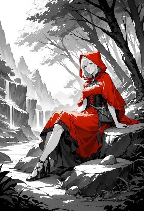 top quality, best quality, highres, unparalleled masterpiece, perfect artwork, monochrome, red riding hood sitting on rock in forest, pixiv, fantasy art, grayscale with red dress,