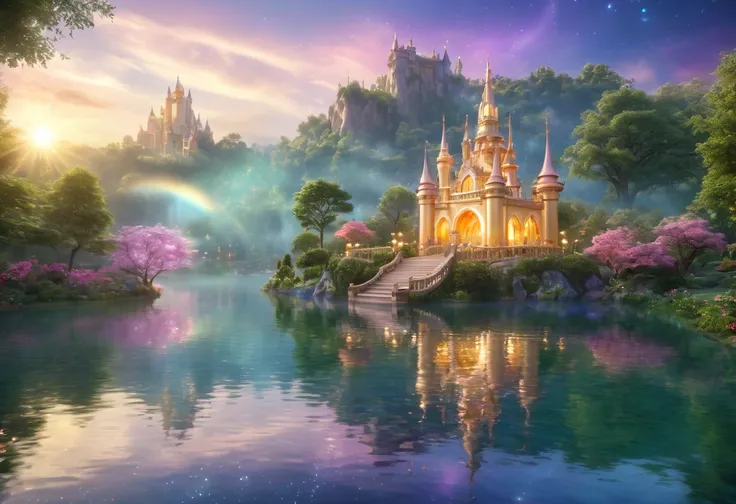 (best quality,4k,8k,highres,masterpiece:1.2),ultra-detailed,(realistic,photorealistic,photo-realistic:1.37),fantasy castle,glimmering lights,detailed architecture,whimsical atmosphere,floating clouds,enchanted forest,majestic turrets,shimmering fountain,my...