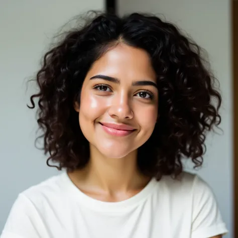 Young woman with curly hair and white t-shirt