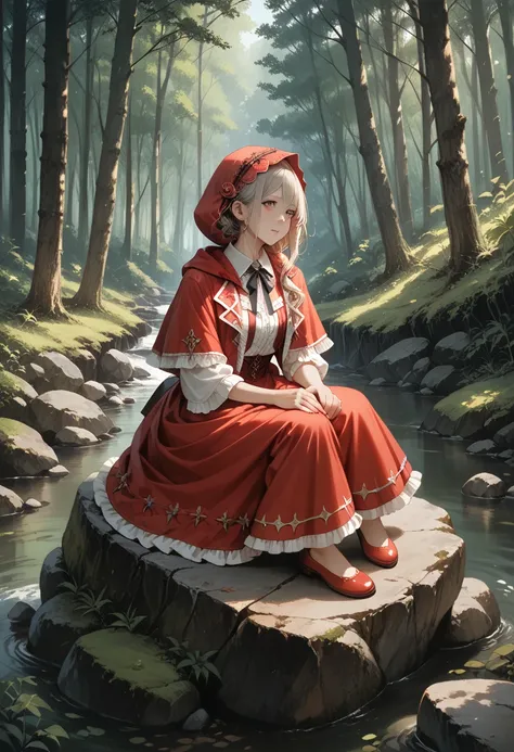 rating_safe, score_9, score_8_up, score_7_up, score_6_up, score_5_up, score_4_up, hires, perfect artwork, red riding hood sitting on rock in forest, pixiv, fantasy art, grayscale with red dress,