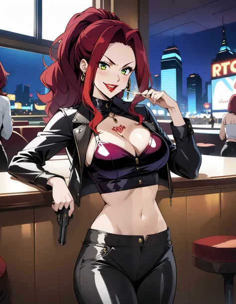 princessmalty, red hair, ponytail, green eyes, large breast,  teasing,  artstyle:(ratatatat74), nsfw, score_9, score_8_up, score_7_up, score_6_up, score_5_up, score_4_up, 
ear piercing, long hair, blush, lipstick,Hot girl, baddie, smoking, sensual, attract...