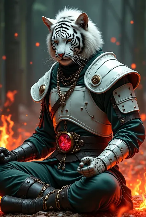 white tiger age 35, asian, white hair visual kei, wisdom sight, white plate armor, white tiger armor plate, a red ying-yang crystal on the belt , dark green leather matrix gabardine, dark green cargo, arm on red fire, chains around the belt, leather boots ...