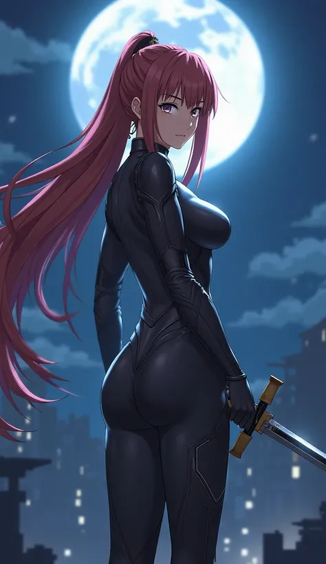 Asuna Yuuki in her usual combat attire, with big bust, His sword ready for a duel ,  at night