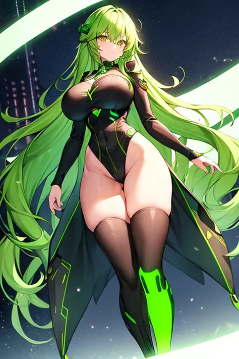 1girl, long hair, green hair, wavy hair, yellow eyes, large breasts, thick thighs, hourglass figure, toned, mature female, smile, bikini, black bikini, green trim, neon trim, thighhighs, machinery, futuristic, science-fiction, neon light, tech, bodysuit,