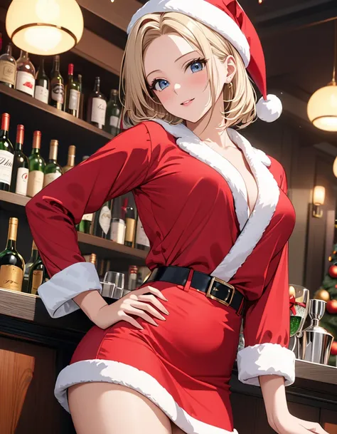  bartender ,  Santa Claus,  Christmas, ( Japanese anime style),  cute, ( Android １８Number), Married Woman, Alluring,  Cowboy Shot , masterpiece:1.5, masterpiece, highest quality, UHD, retina, masterpiece, accurate anatomy, super detailed, high quality, bes...