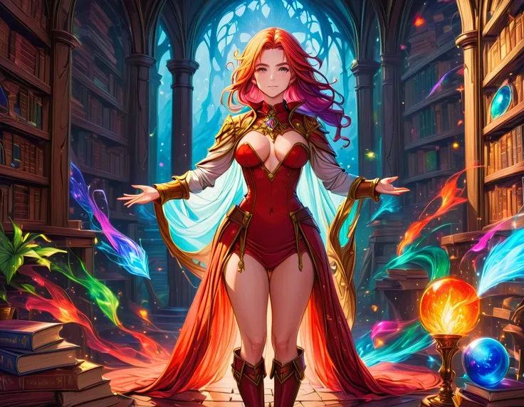 picture of a sorceress casting a spell in magical library, exquisite beautiful woman, dynamic hair color, dynamic hair style, ((full body shot: 1.5)), ((anatomically correct: 1.5)), (ultra detailed face: 1.2), best detailed face, high details, best quality...